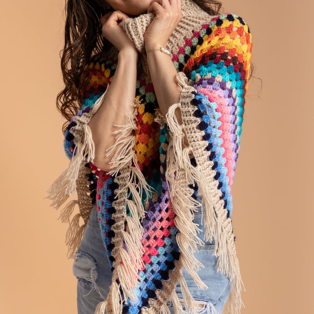 SAACHI Earth To Sky Rainbow Stripe Crochet Turtleneck Poncho | Fringe | One Size - Picture 2 of 7